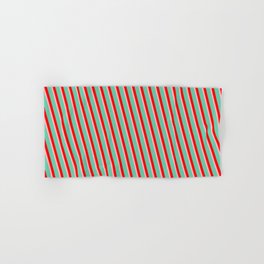 [ Thumbnail: Aquamarine, Red, and Light Pink Colored Pattern of Stripes Hand & Bath Towel ]