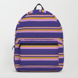 [ Thumbnail: Goldenrod, Plum, and Dark Slate Blue Colored Lines Pattern Backpack ]