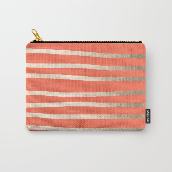 Simply Drawn Stripes in White Gold Sands on Deep Coral Carry-All Pouch