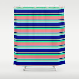 [ Thumbnail: Aquamarine, Dark Blue, Green & Light Coral Colored Stripes Pattern Shower Curtain ]