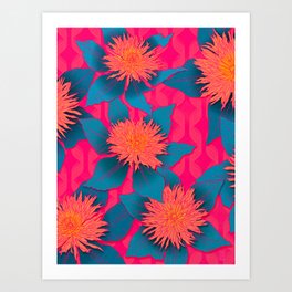 Clematis Flowers  Art Print | Botanicalart, Curated, Pink, Orange, Teal, Painting, Pattern, Clematisflowers, Blue, Illustration 