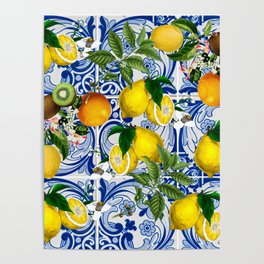 Mediterranean Lemon on Blue Ceramic Tiles Poster