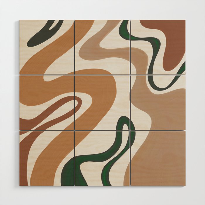 Retro Liquid Swirl in Terracotta, Tan and Green (Oil Paint) Wood Wall Art