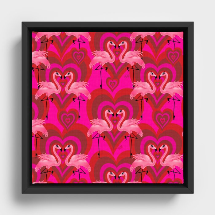 Retro Mod Flamingo Love Pattern Framed Canvas