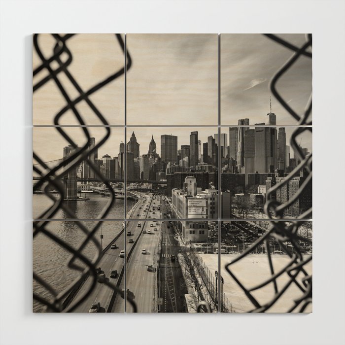 Views of New York City | Skyline and Brooklyn Bridge Through the Fence | Black and White Wood Wall Art