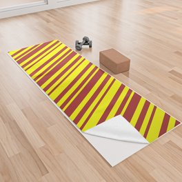 [ Thumbnail: Yellow & Brown Colored Lined Pattern Yoga Towel ]