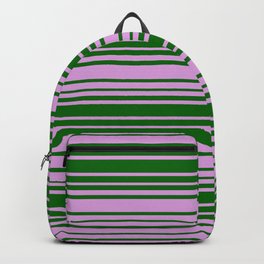 [ Thumbnail: Dark Green and Plum Colored Striped Pattern Backpack ]