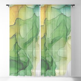 Yellow Green Blue 522 Abstract Modern Alcohol Ink Painting by Herzart Sheer Curtain