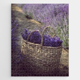 Basket of purple Tuscan lavender flowers and blossoms color portrait photograph / photography for dining room, kitchen, living room and home wall decor Jigsaw Puzzle