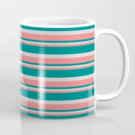 [ Thumbnail: Light Coral, Teal, and Light Grey Colored Lined/Striped Pattern Coffee Mug ]