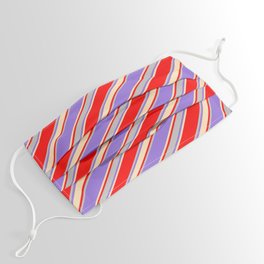 [ Thumbnail: Red, Grey, Purple & Beige Colored Stripes/Lines Pattern Face Mask ]