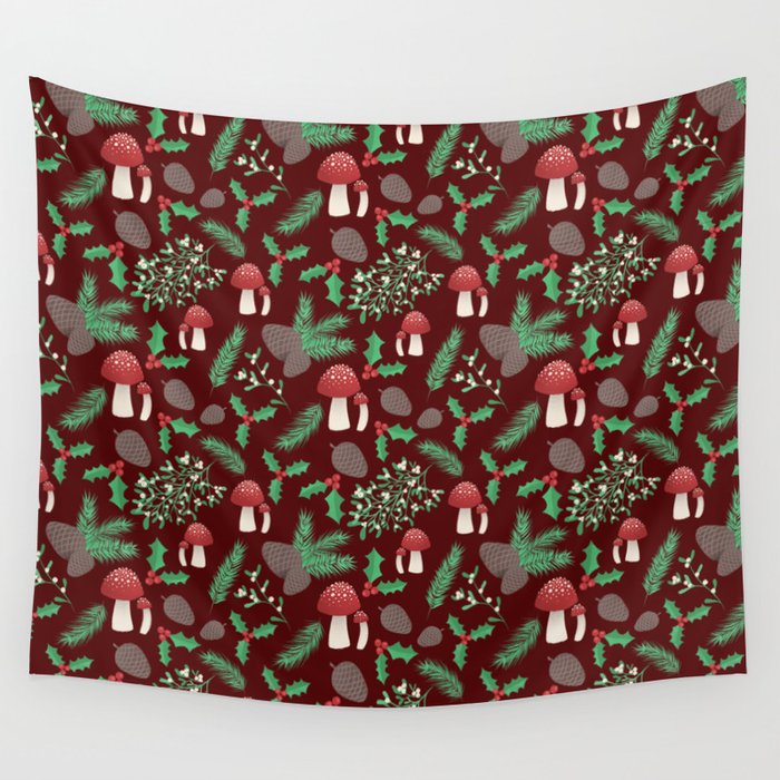 Cottagecore Yule Nature Pattern Oxblood Wall Tapestry