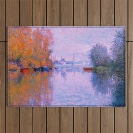 Autumn Leaves and boats on the water landscape painting by Claude Monet Outdoor Rug