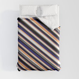 [ Thumbnail: Colorful Brown, White, Dim Gray, Black & Midnight Blue Colored Lines Pattern Duvet Cover ]