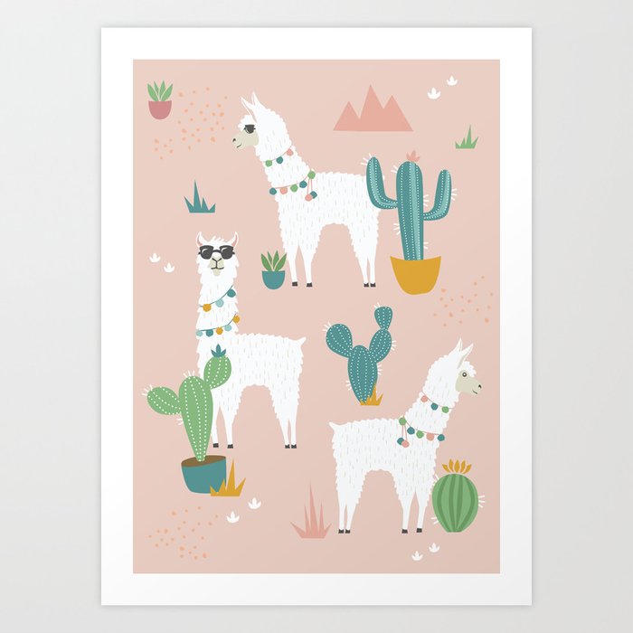 Summer Llamas on Pink Art Print