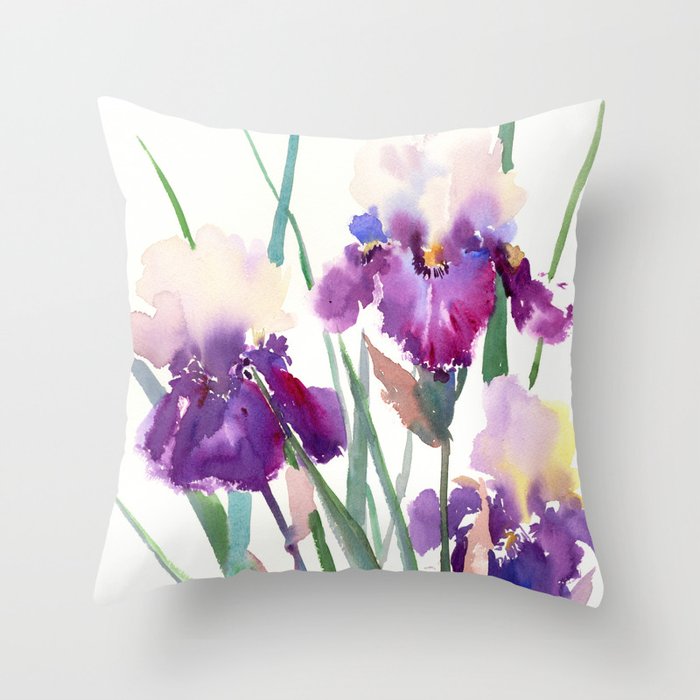 Irises, purple floral art, garden iris Throw Pillow