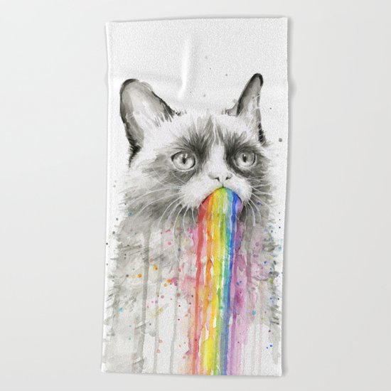 Grumpy Rainbow Cat Watercolor Animal Meme Geek Art Beach Towel