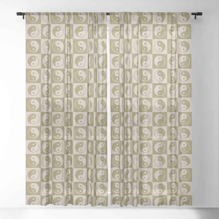 Checkered Yin Yang Pattern \\ Muted Beige & Muted Green Sheer Curtain