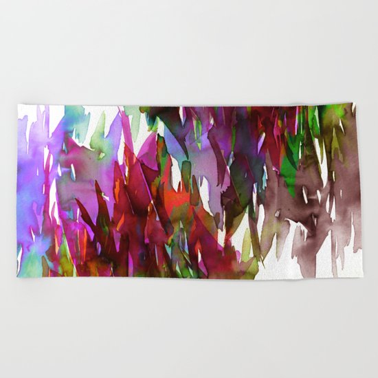 FERVOR 3 Colorful Bold Abstract Autumn Fall Crimson Red Purple Mauve Green Watercolor Painting Art Beach Towel