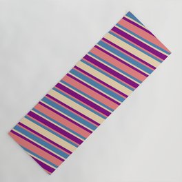 [ Thumbnail: Blue, Tan, Purple & Light Coral Colored Pattern of Stripes Yoga Mat ]