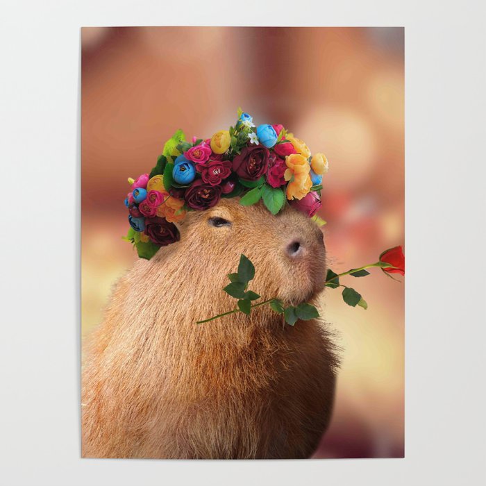 Capybara Flower Crown Rose Flowers Poster