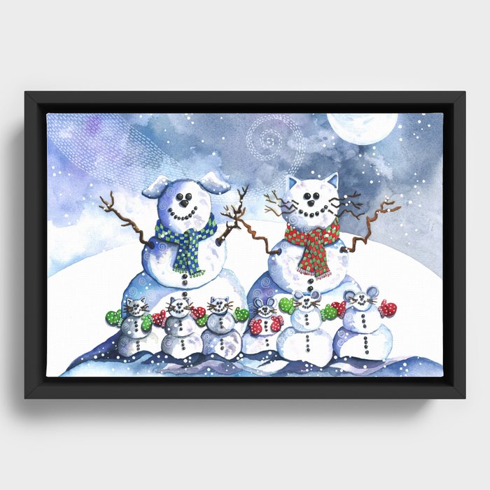 It's Snowing Cats and Dogs (and Mice too) Framed Canvas