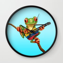 Tree Frog Playing Acoustic Guitar with Flag of Colombia Wall Clock