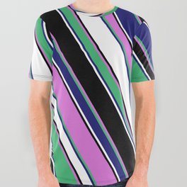 [ Thumbnail: Vibrant Orchid, Sea Green, Midnight Blue, White & Black Colored Lines Pattern All Over Graphic Tee ]