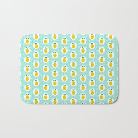 Lemons pastel mint white yellow summer fruit tropical lemonade vacation trendy pattern food print Bath Mat
