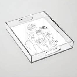 Minimal Line Art Woman with Flowers III Acrylic Tray