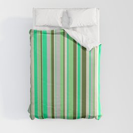 [ Thumbnail: Vibrant Green, Light Grey, Light Green, Dark Olive Green, and Beige Colored Stripes/Lines Pattern Duvet Cover ]