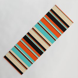 [ Thumbnail: Red, Black, Tan & Turquoise Colored Lined/Striped Pattern Yoga Mat ]