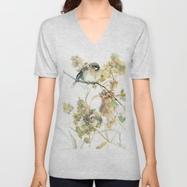 Sparrow and Dry Plants, fall foliage bird art bird design old fashion floral design V Neck T Shirt