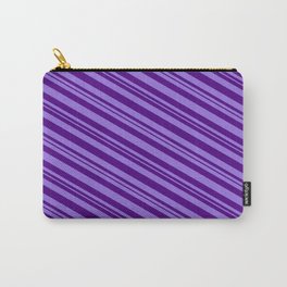 [ Thumbnail: Purple and Indigo Colored Lined/Striped Pattern Carry-All Pouch ]