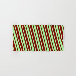 [ Thumbnail: Green & Dark Red Colored Lined Pattern Hand & Bath Towel ]