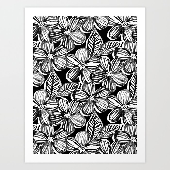 Bold Textured Black and White Linework Floral Art Print