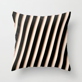 [ Thumbnail: Dark Olive Green, Light Coral, Beige, and Black Colored Striped/Lined Pattern Throw Pillow ]