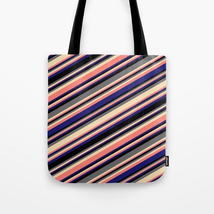 Vibrant Black, Dim Gray, Tan, Salmon & Midnight Blue Colored Stripes Pattern Tote Bag