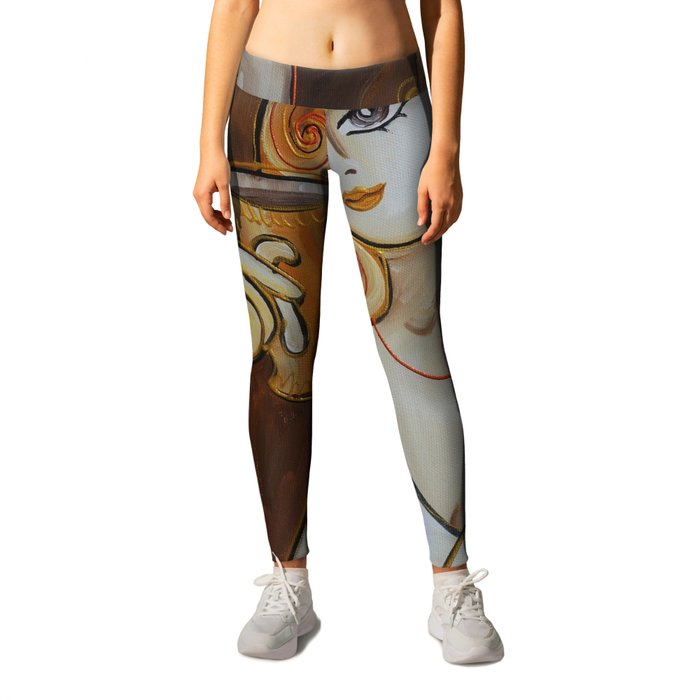 Portrait of a burlesque girl with mug brown painting by Ksavera Leggings