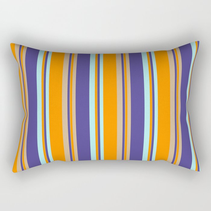 Dark Slate Blue, Tan, Dark Orange & Turquoise Colored Stripes Pattern Rectangular Pillow
