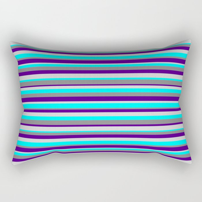 Grey, Indigo, Light Gray, and Cyan Colored Striped Pattern Rectangular Pillow