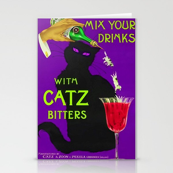 Mix Your Drinks with Catz (Cats) Bitters Aperitif Liquor Vintage Advertising Poster in purple Stationery Cards