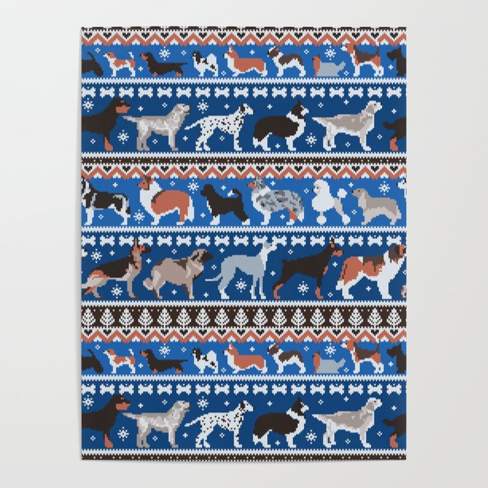 Fluffy and bright fair isle knitting doggie friends // classic and electric blue background brown orange white and grey dog breeds  Poster