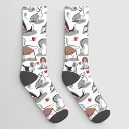 Woof endless love // white background red hearts continuous lined pair of dog breeds Socks