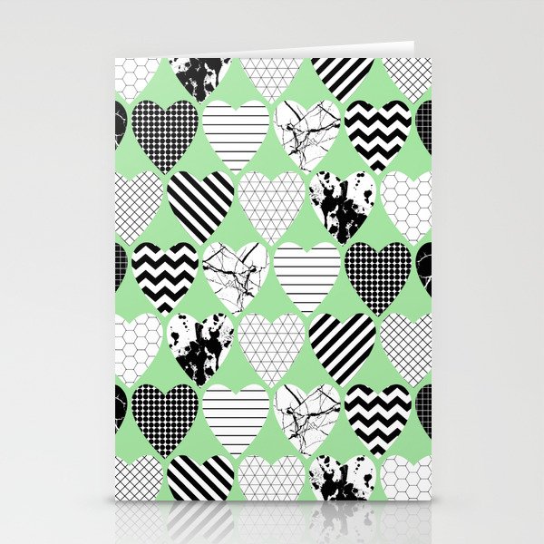 Hearts On Pastel Green - Abstract, black and white, geometric Stationery Cards