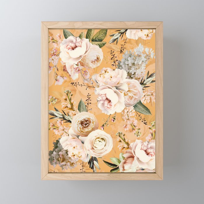 Peach Roses Bouquets On Sunny Orange Pattern  Framed Mini Art Print