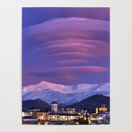 Lenticular clouds over Granada, The Alhambra, Albaicin village and Sierra Nevada. At sunset Poster