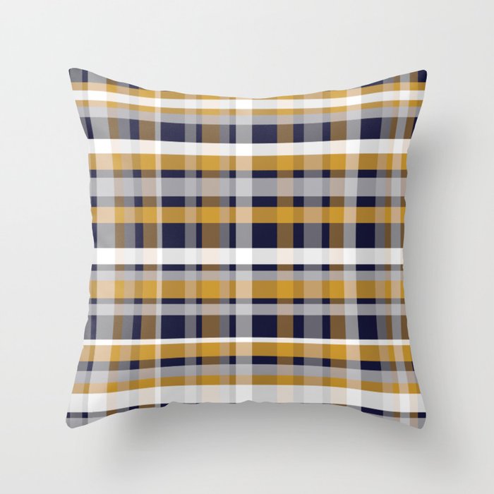 Modern Retro Plaid in Mustard Yellow White Navy Blue and Grey Throw Pillow