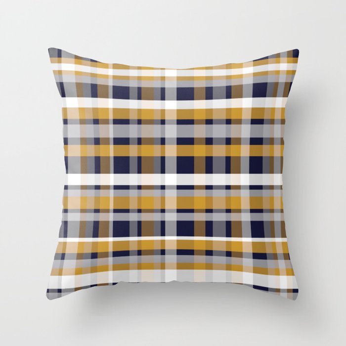 Modern Retro Plaid in Mustard Yellow, White, Navy Blue, and Grey Throw Pillow