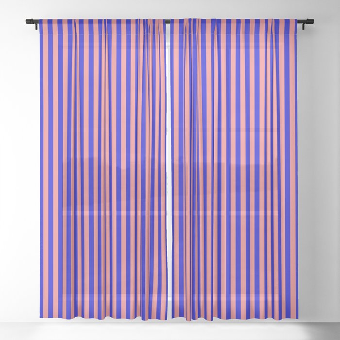 Blue and Light Coral Colored Striped/Lined Pattern Sheer Curtain